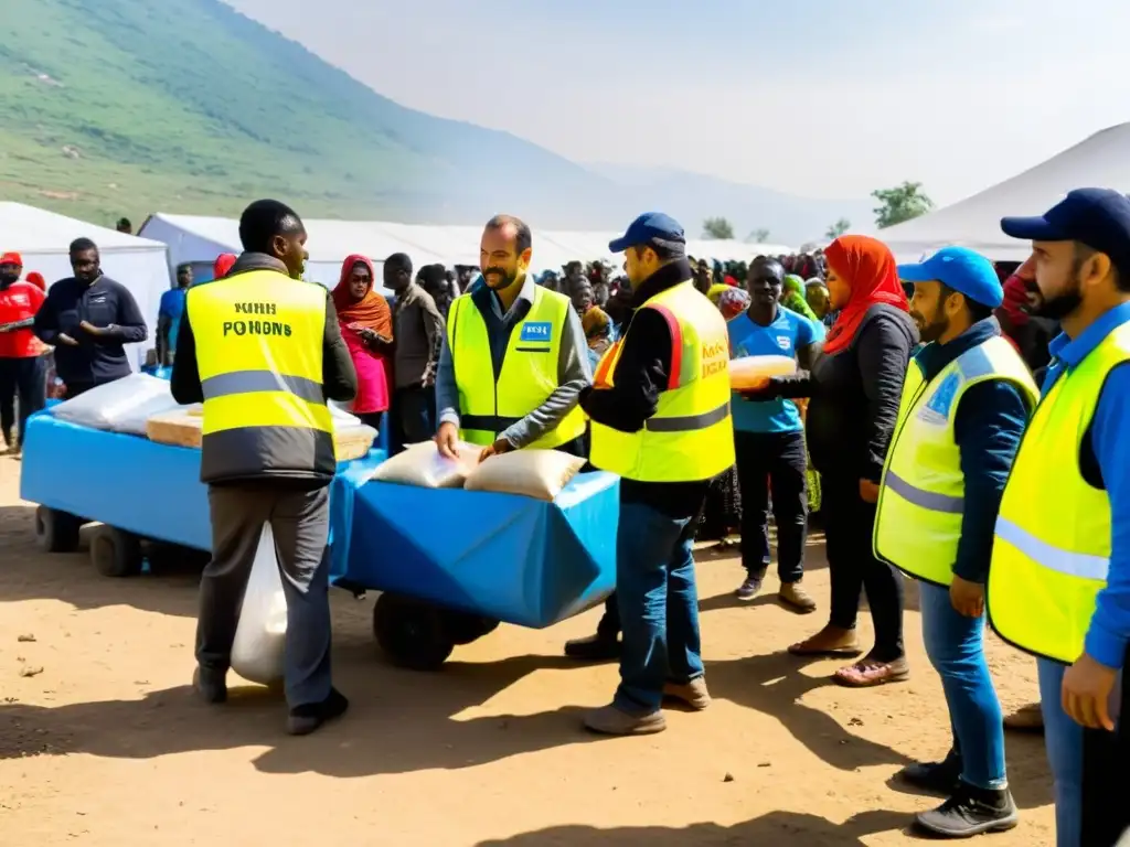 Voluntarios distribuyen ayuda humanitaria en campamento de refugiados, captando la gestión efectiva de proyectos de ayuda humanitaria