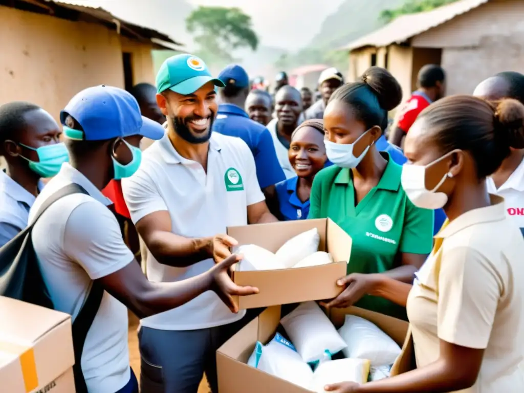 Voluntarios distribuyen ayuda humanitaria con consejos para donantes filantropía efectiva, transmitiendo solidaridad y esperanza