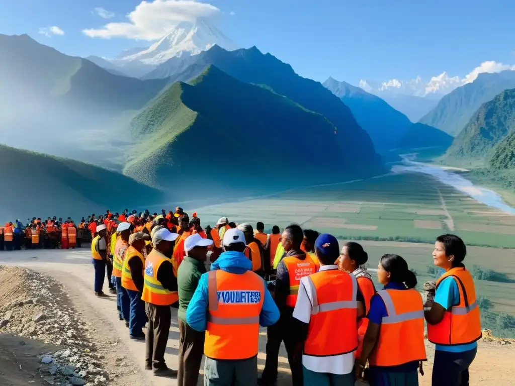 Voluntarios distribuyendo ayuda en un pueblo remoto tras desastre natural