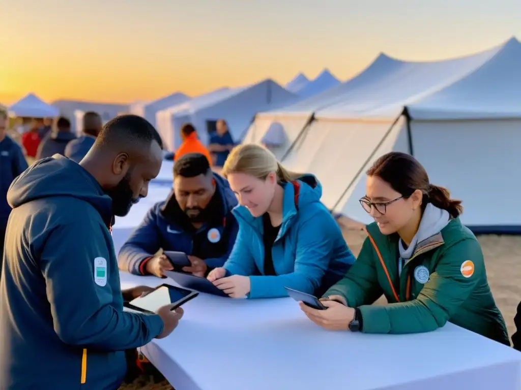 Voluntarios de ONG coordinan ayuda en zona de desastre al atardecer, con tablets y laptops