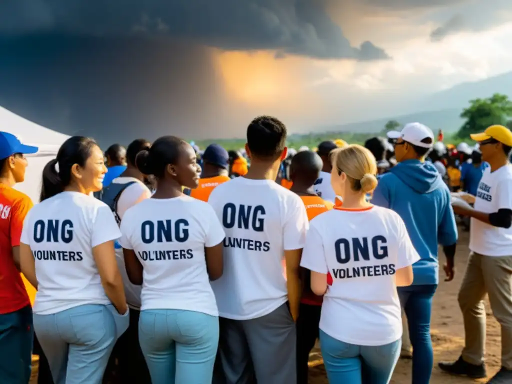 Voluntarios de ONG distribuyendo ayuda en zona de desastre, mostrando la gestión de voluntarios en ONGs