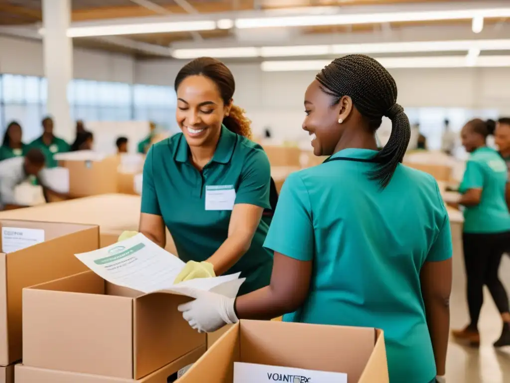 Voluntarios y beneficiarios colaborando en un centro de donaciones con gestión efectiva para ONGs, transmitiendo profesionalismo, calidez y esperanza