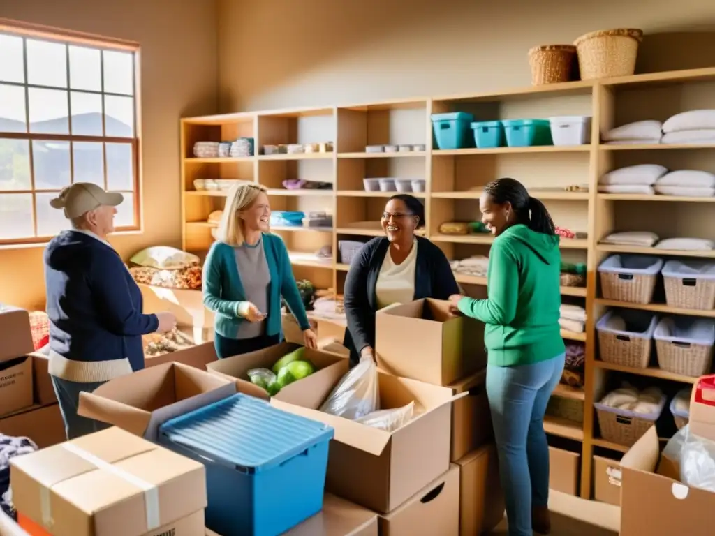 Voluntarios y beneficiarios ordenan donaciones en una sala llena de calidez y gratitud, mostrando el impacto de donaciones a ONGs en la comunidad