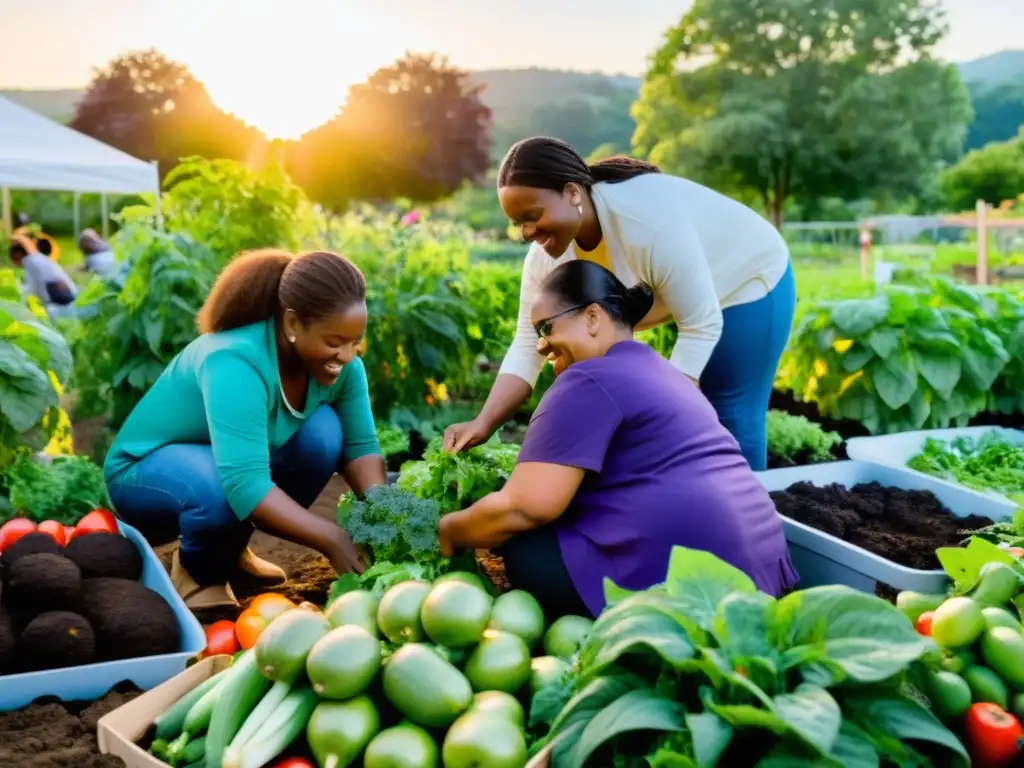 Voluntarios y beneficiarios se reúnen en un huerto comunitario al atardecer, conversando y colaborando