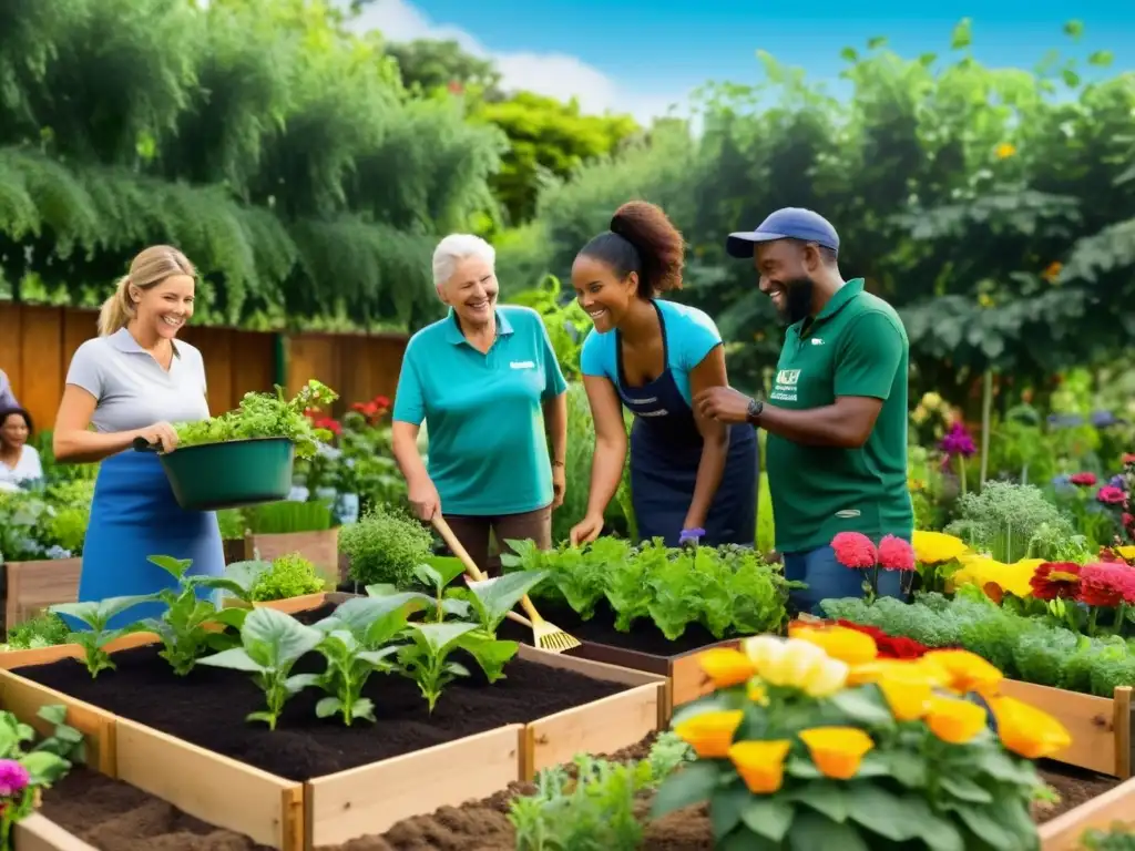 Voluntarios y beneficiarios trabajan juntos en un jardín comunitario, rodeados de flores vibrantes