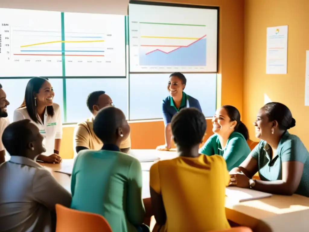 Voluntarios y beneficiarios de ONG se reúnen en sala iluminada, discutiendo impacto de iniciativas