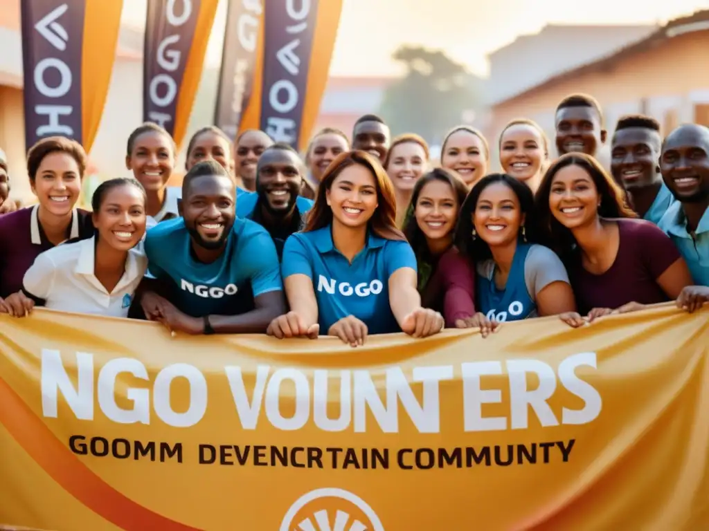 Voluntarios y beneficiarios sonrientes en comunidad activa de ONG, transmitiendo esperanza y determinación