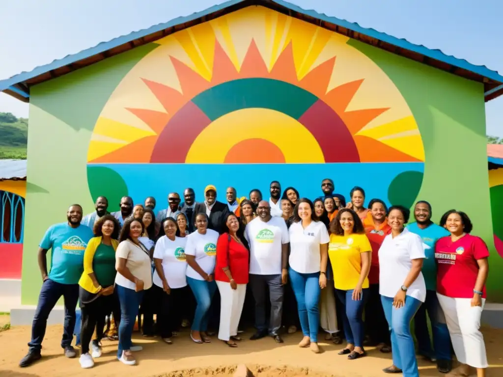 Voluntarios y beneficiarios de la ONG, unidos y sonrientes frente al nuevo centro comunitario