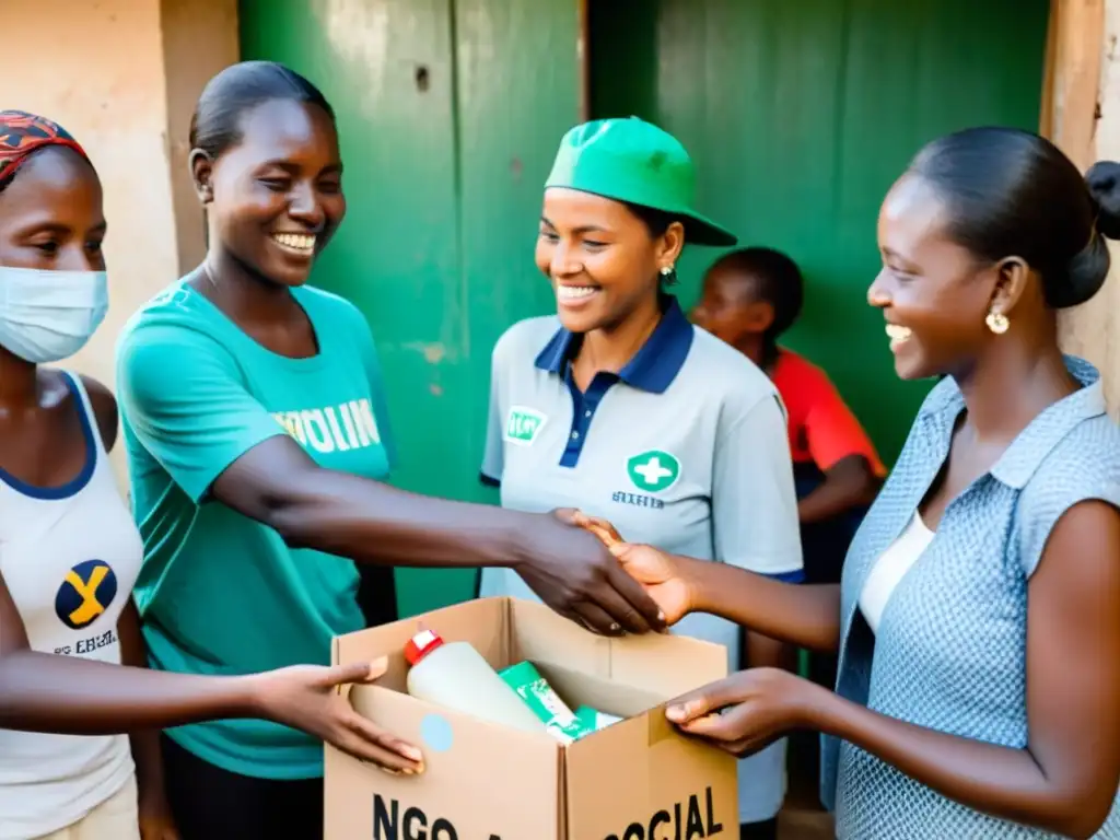 Voluntarios y beneficiarios distribuyen suministros en programa de impacto social de ONG, mostrando colaboración y resultados de estrategias