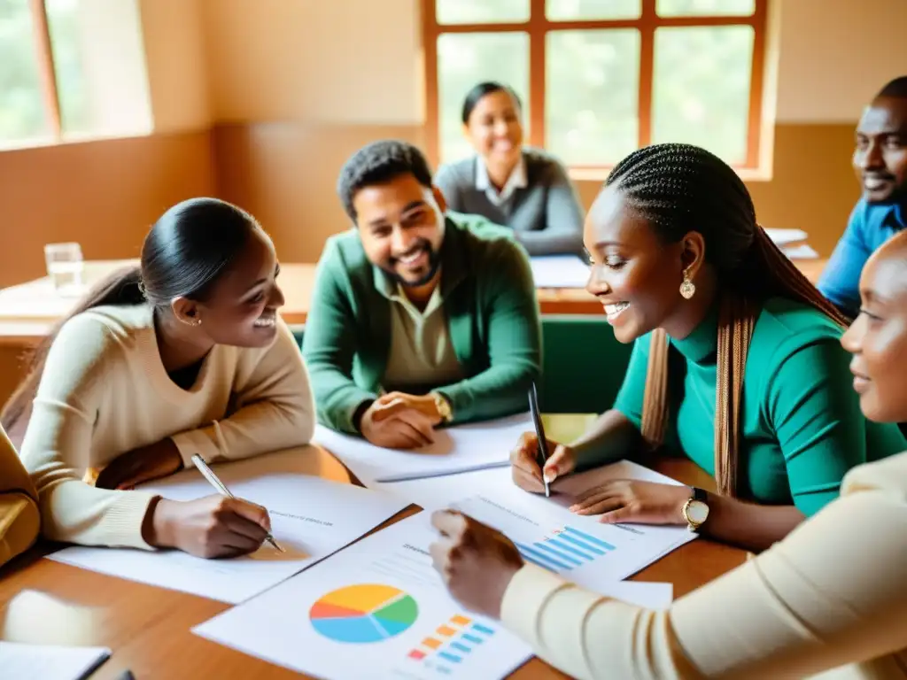 Voluntarios y beneficiarios de una ONG discuten técnicas para maximizar recaudación de fondos, en un ambiente cálido de camaradería y determinación