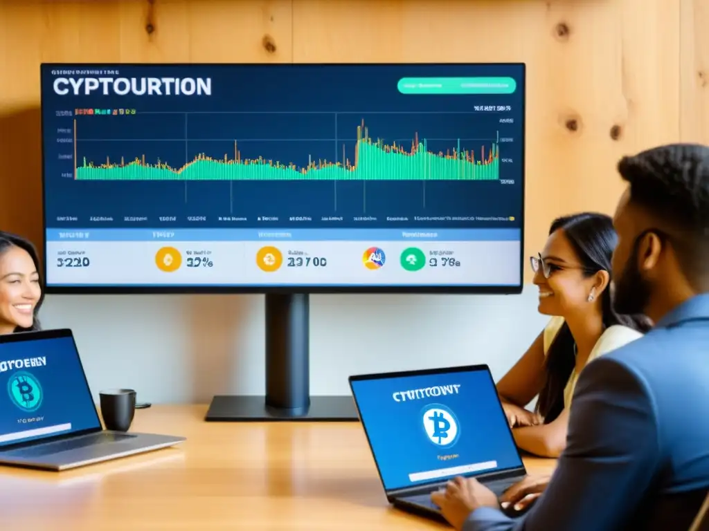 Voluntarios de ONG analizan beneficios de las criptomonedas para recaudación, reflejando colaboración y visión futurista