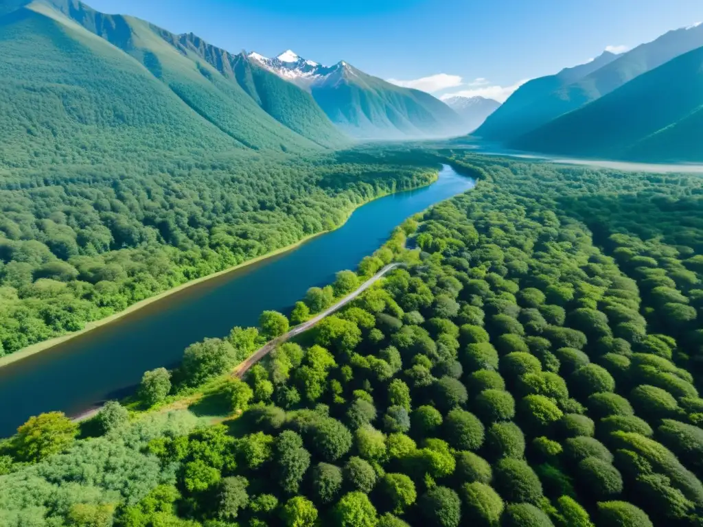 Voluntarios cuidando de un bosque verde con río, montañas y plantando árboles