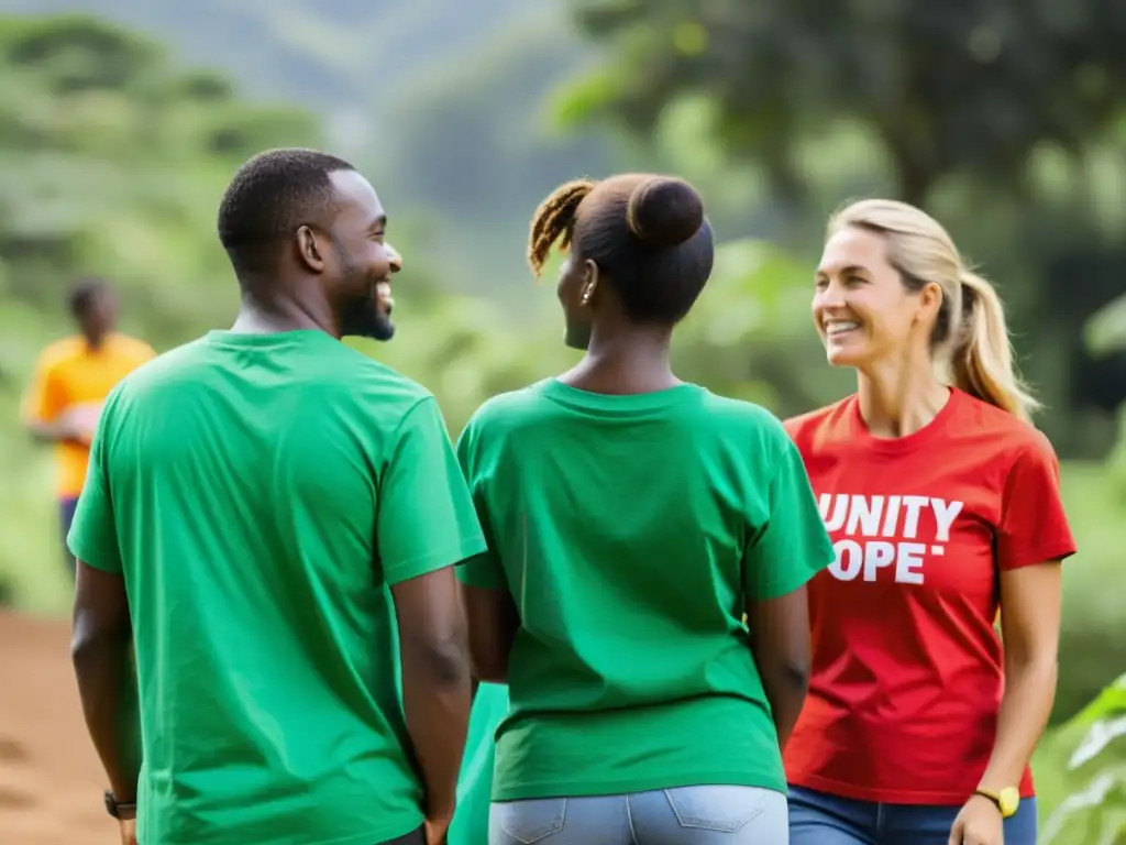 Voluntarios con camisetas coloridas colaboran en proyecto comunitario en entorno natural