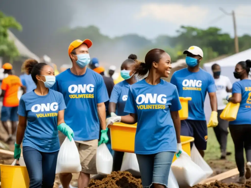 Voluntarios con camisetas de ONG limpian comunidad tras desastre natural, demostrando unidad y esperanza