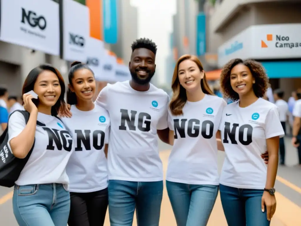 Voluntarios con camisetas de ONG sostienen hashtags impactantes en la ciudad, mostrando el uso efectivo de hashtags para ONGs