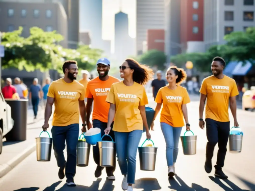 Voluntarios con camisetas iguales consiguiendo donaciones recurrentes ONG en la ciudad