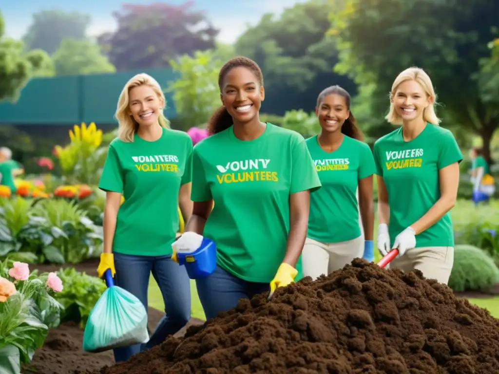 Voluntarios en camisetas a juego limpian un parque local, entre flores coloridas y vegetación exuberante, transmitiendo impacto positivo y comunidad