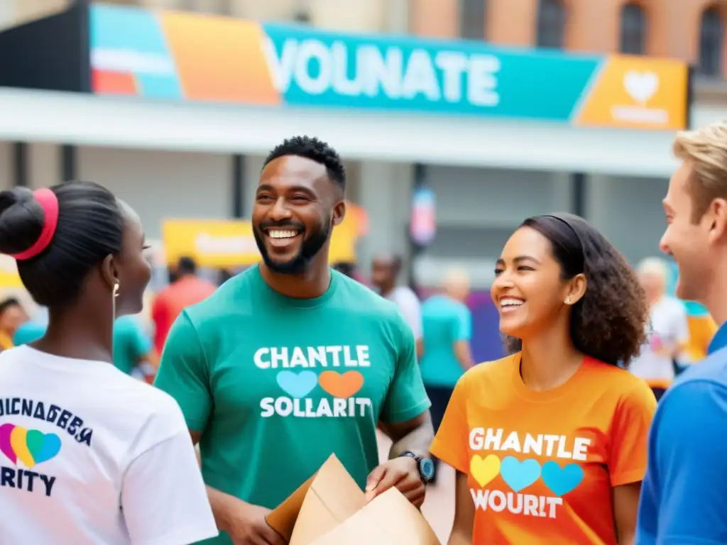 Voluntarios con camisetas de ONG entregando merchandising solidario en plaza vibrante