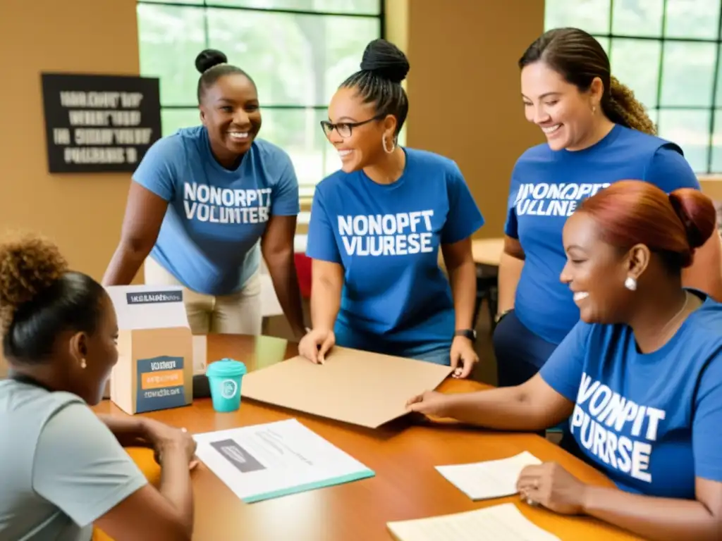 Voluntarios con camisetas de ONG colaboran en proyecto, reflejando pasión y camaradería