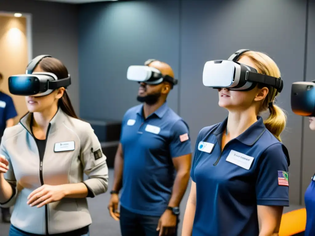 Voluntarios en capacitación en realidad virtual para ONGs, inmersos en simulaciones realistas de ayuda en desastres