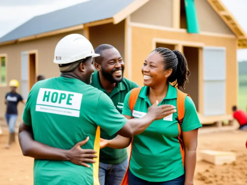 Voluntarios de ONG construyendo casas y apoyando a la comunidad rural, mostrando el impacto positivo y la conexión genuina