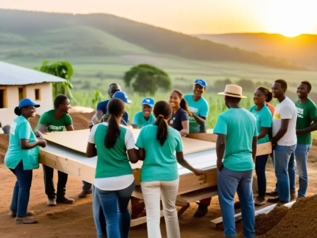 Voluntarios de ONG construyen casas sostenibles al atardecer, con apoyo de la comunidad