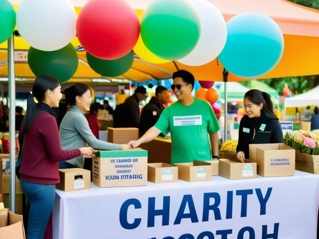 Voluntarios preparando una caseta benéfica en un mercado local, rodeados de compradores