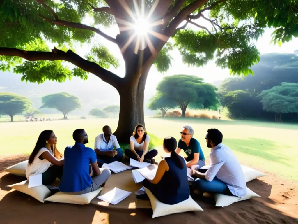 Voluntarios elaborando casos estudio ONG bajo árbol, inspirados por entorno natural y compromiso