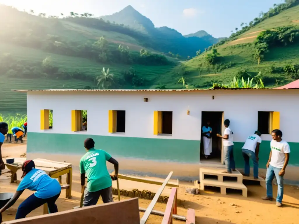 Voluntarios de una ONG reconstruyen un centro comunitario en un pueblo, demostrando responsabilidad social en ONGs