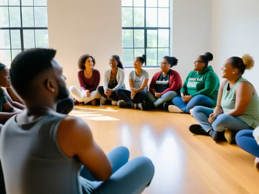 Voluntarios participan en un círculo de apoyo durante un taller de bienestar mental