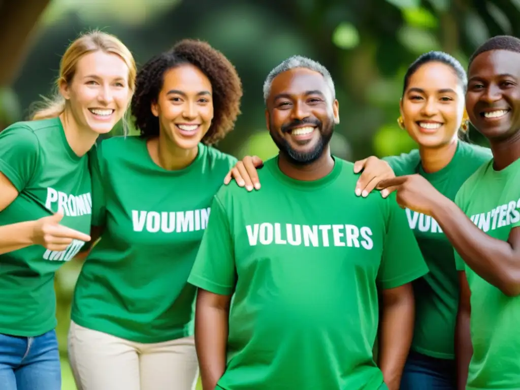 Voluntarios en círculo con camisetas verdes de ONG, intercambiando ideas sobre estrategias sostenibles para ONGs en entorno natural