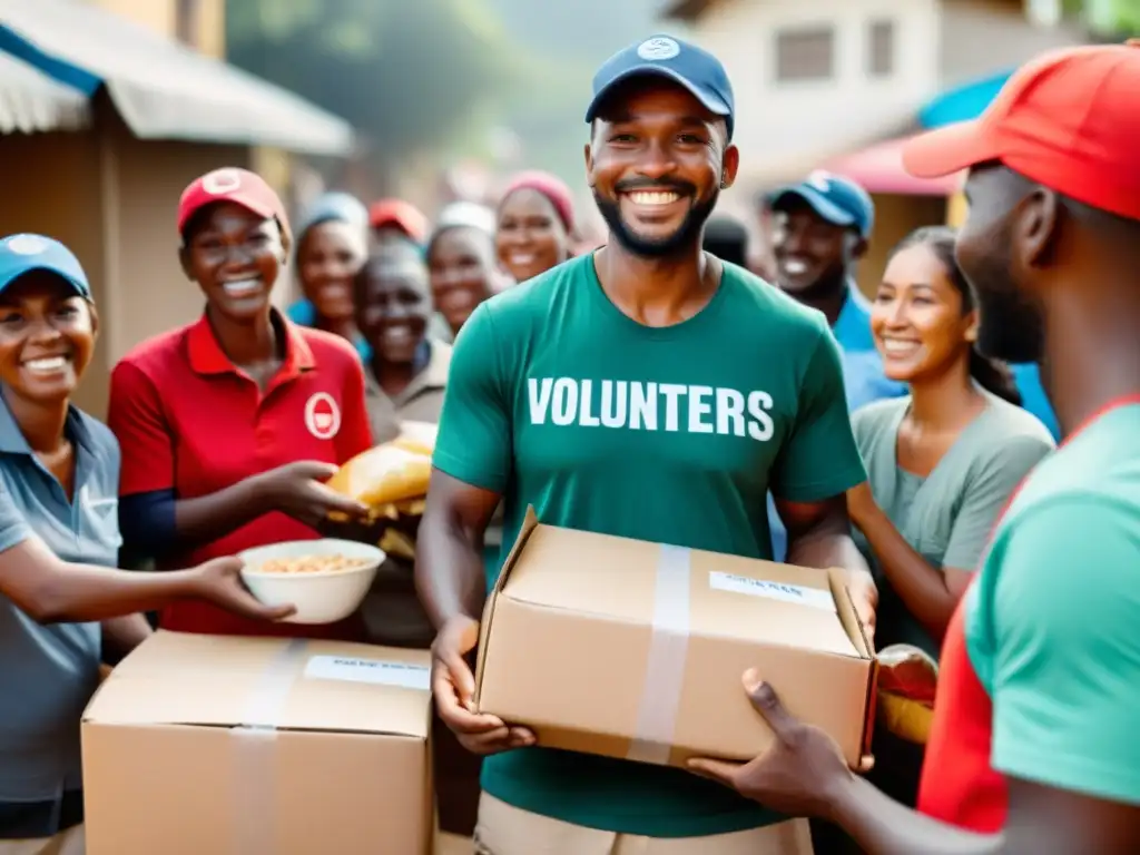 Voluntarios distribuyen comida y suministros a una comunidad necesitada, generando una escena conmovedora de agradecimiento