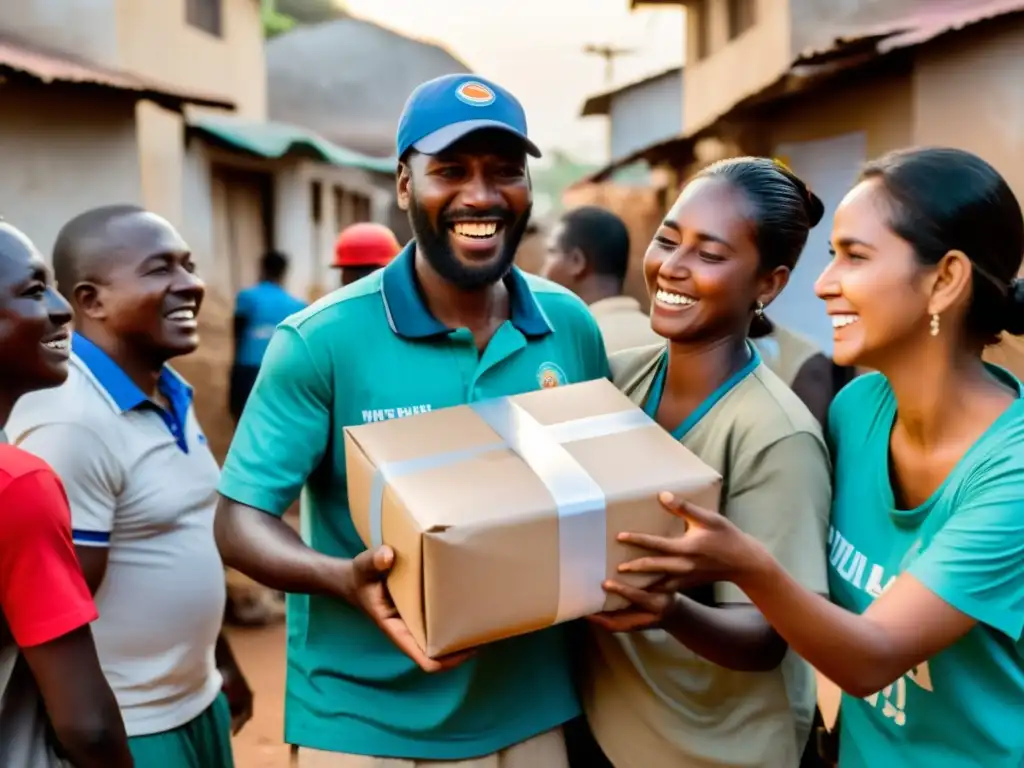 Voluntarios distribuyen comida y suministros a una comunidad necesitada, mostrando el impacto real y las expresiones de agradecimiento