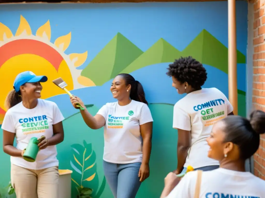 Voluntarios comprometidos pintando un centro comunitario, rodeados de murales y familias