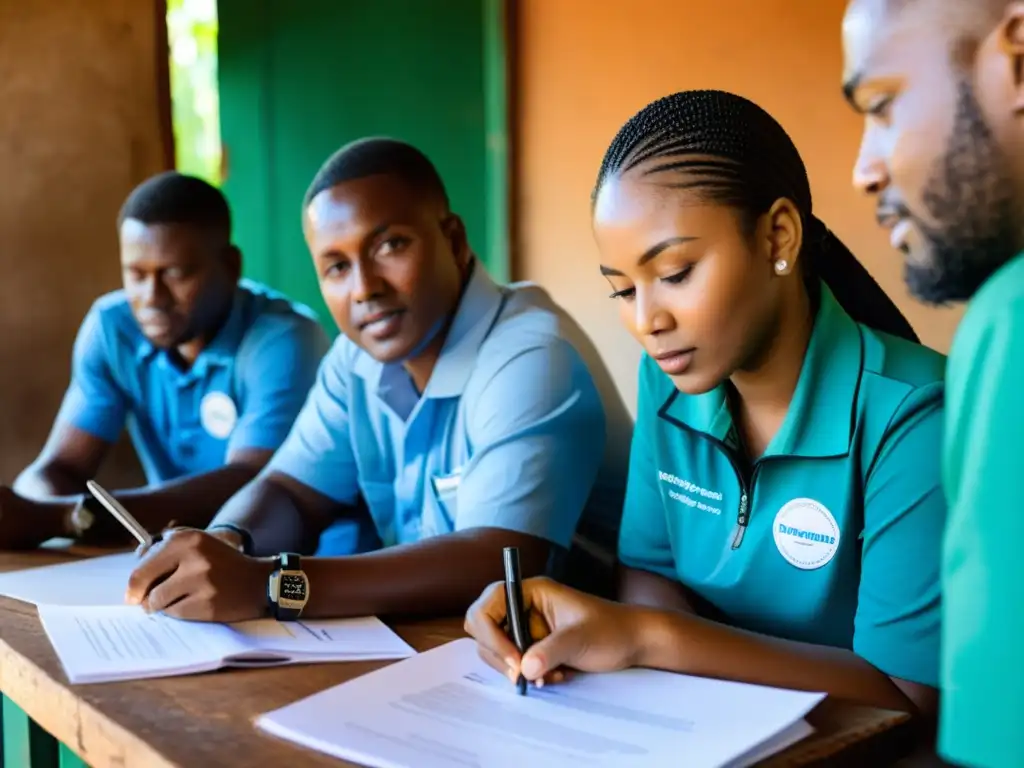 Voluntarios comprometidos midiendo impacto en ONGs, capturando datos con profesionalismo y dedicación en la comunidad