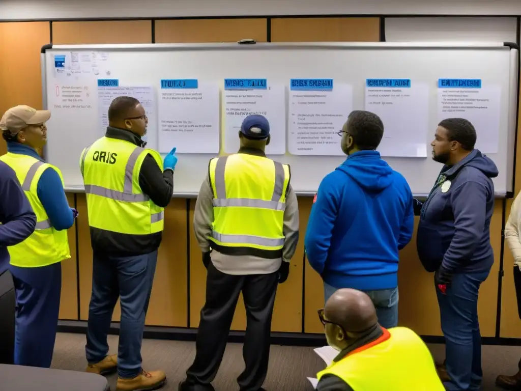 Voluntarios preparando comunicación de crisis para ONGs en centro comunitario iluminado, en medio de la lluvia intensa