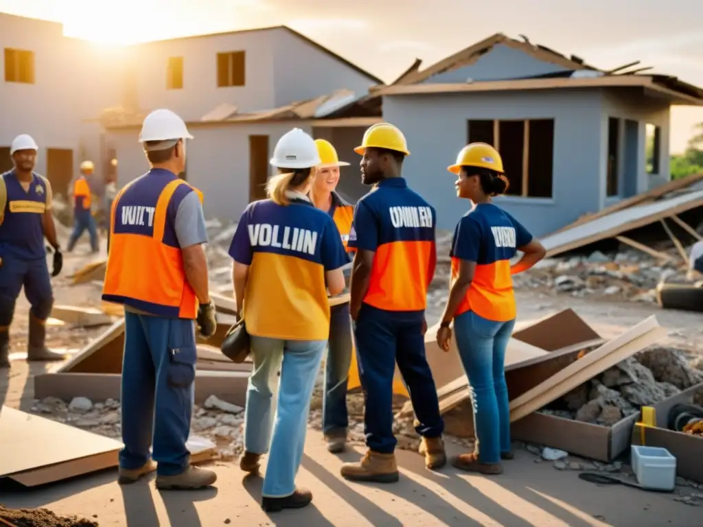 Voluntarios reconstruyen comunidad tras desastre, mostrando resiliencia y unidad al trabajar juntos al atardecer