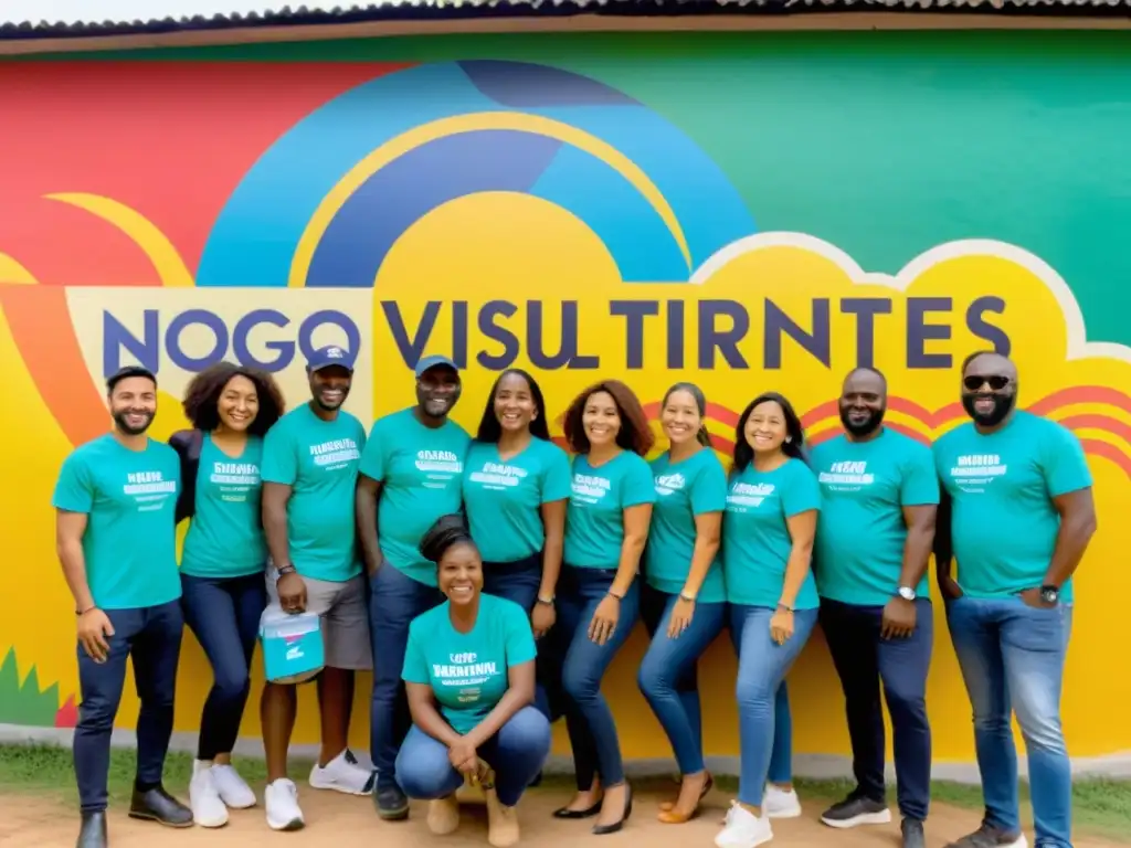 Voluntarios de ONG interactúan con comunidad frente a mural vibrante, reflejando identidad visual y compromiso con el cambio positivo