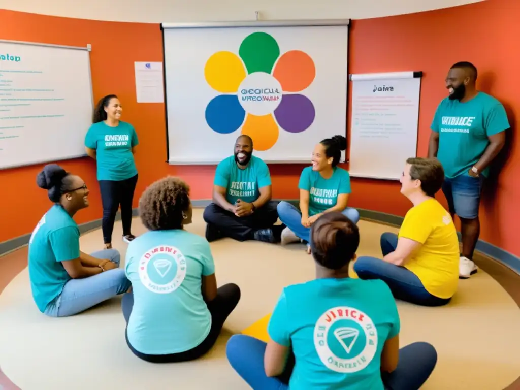 Voluntarios de ONG capacitándose en comunidad, compartiendo ideas y sonrisas en un centro comunitario lleno de luz natural