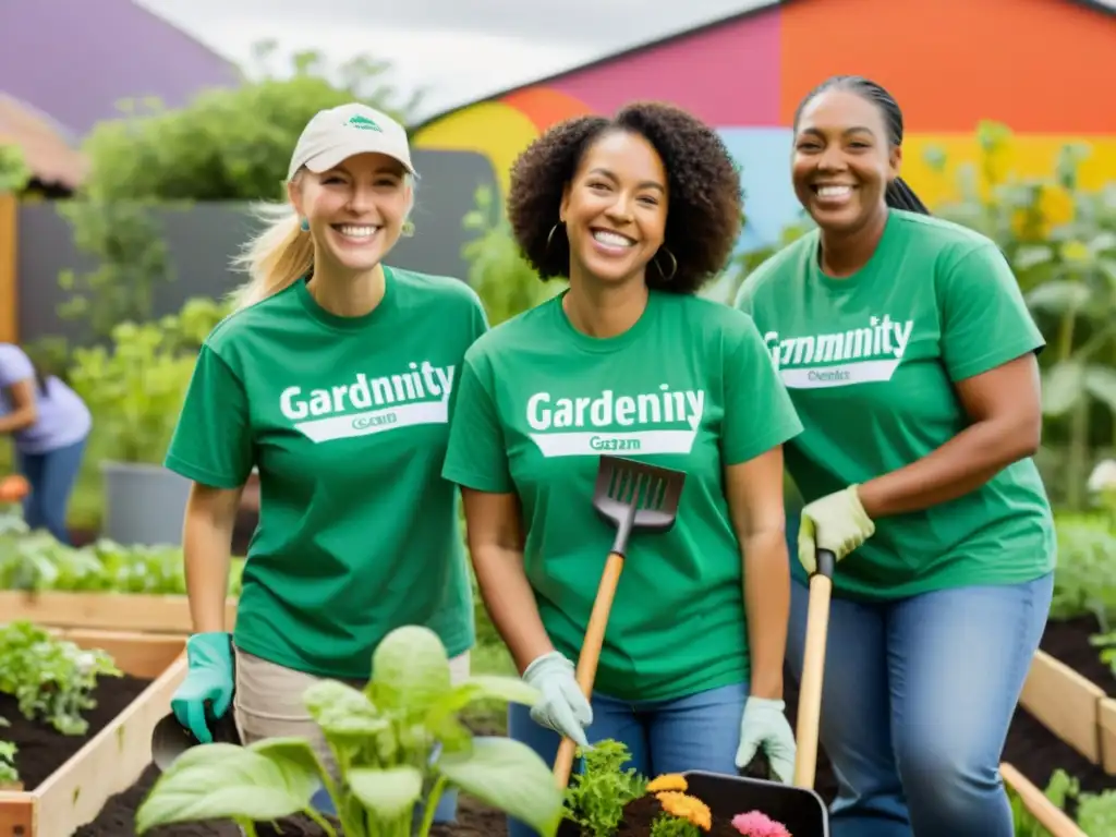 Voluntarios en comunidad cuidando jardín con impacto local