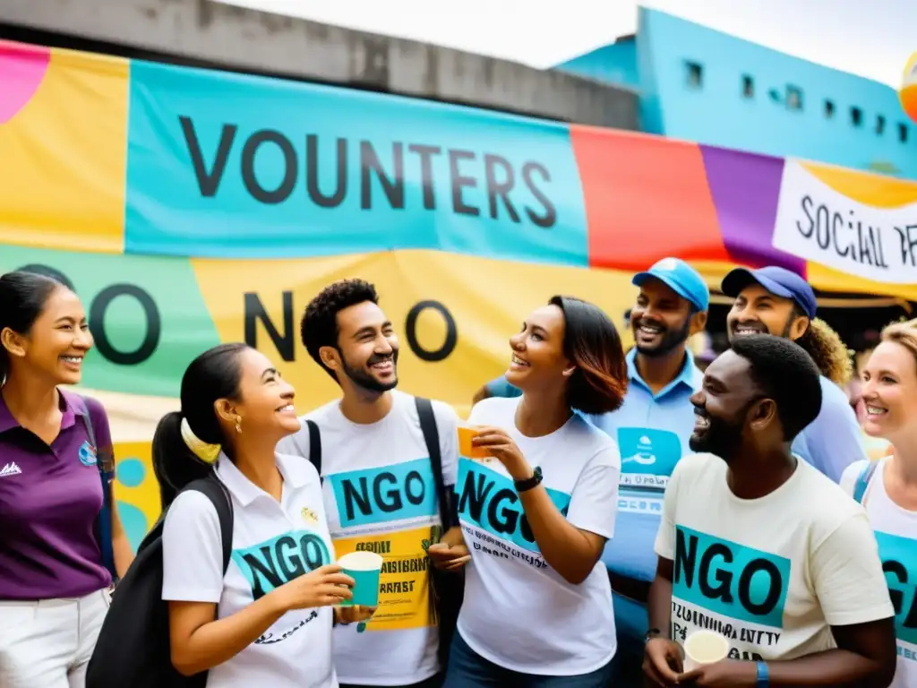 Voluntarios de una ONG interactúan con la comunidad local entre arte callejero y pancartas coloridas, transmitiendo unidad y positividad