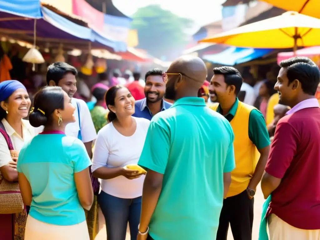 Conversaciones profundas y conexiones auténticas en el mercado comunitario Voluntarios de una ONG conversan con la comunidad en un mercado vibrante