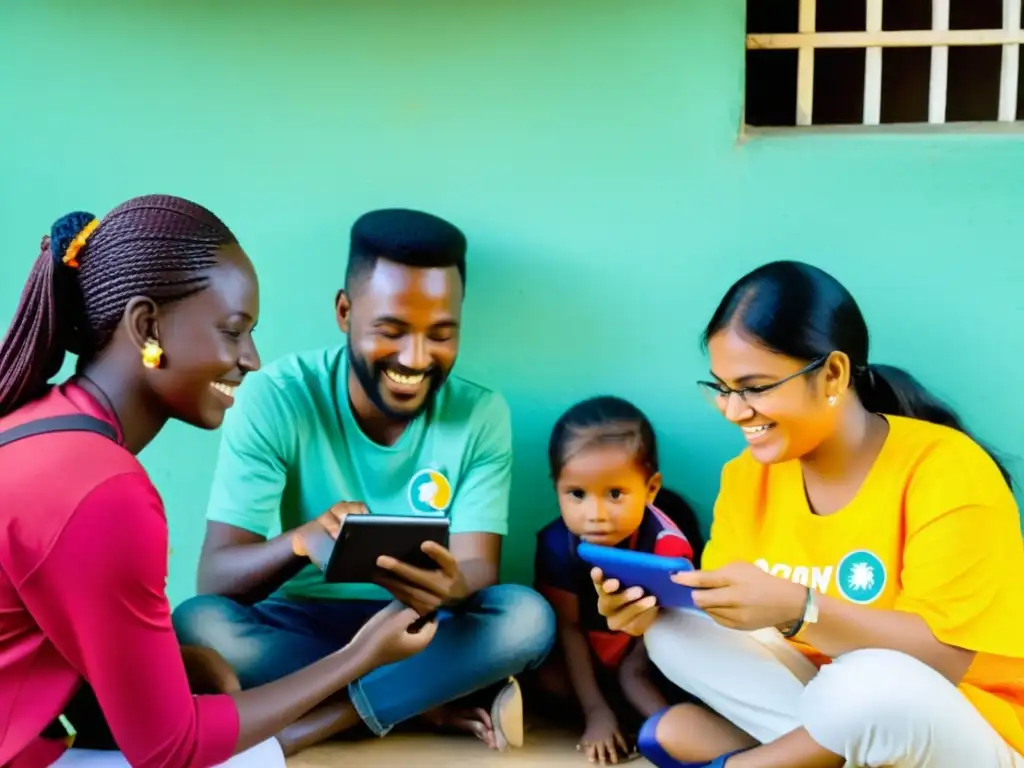 Voluntarios de una ONG interactúan con la comunidad, promoviendo el posicionamiento ONG relaciones públicas digitales con autenticidad y esperanza