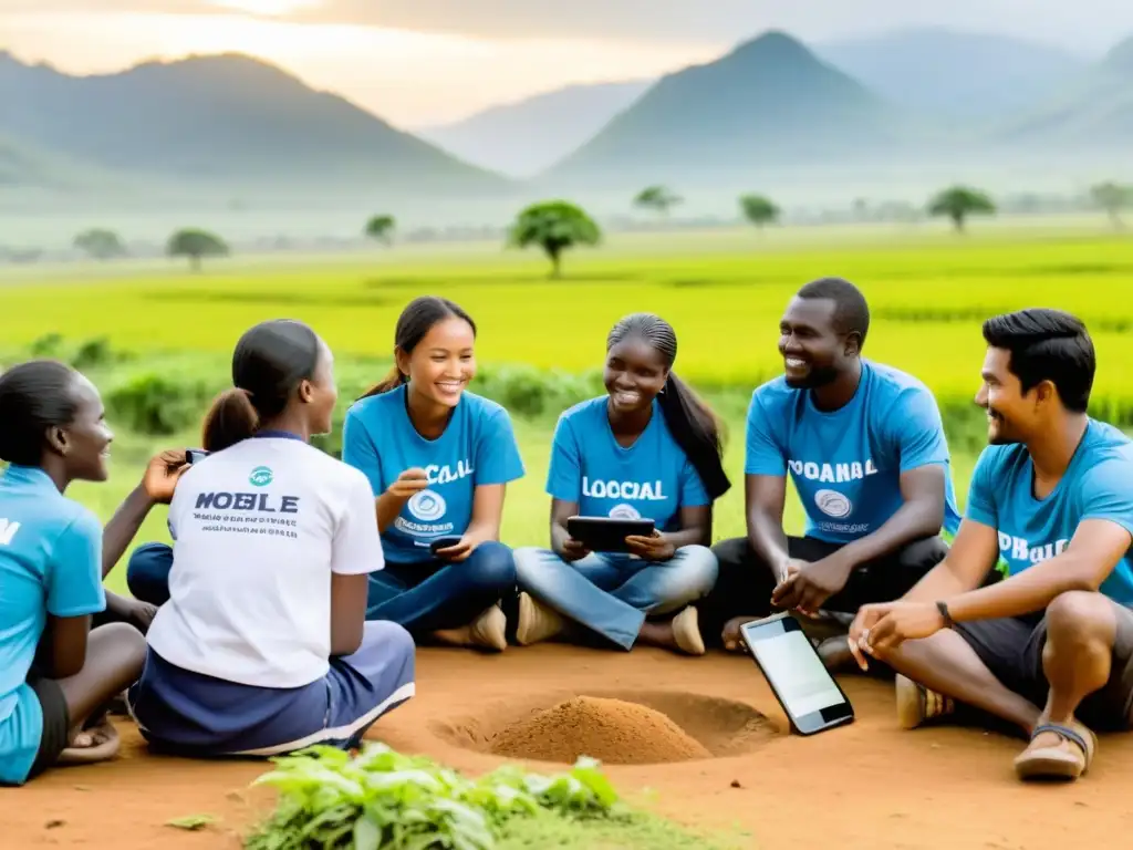 Voluntarios de ONG y comunidad rural interactúan con apps móviles para ONGs, en círculo, rodeados de naturaleza