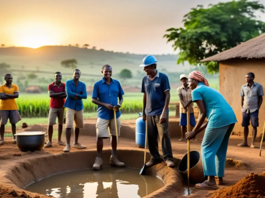 Voluntarios y comunidad construyen sistema de agua sostenible al atardecer, demostrando impacto en ONGs
