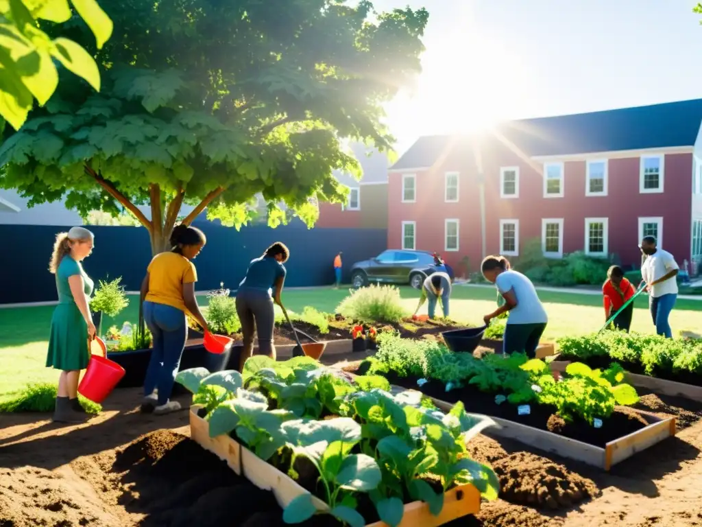 Voluntarios y comunidad construyendo jardín sostenible en barrio