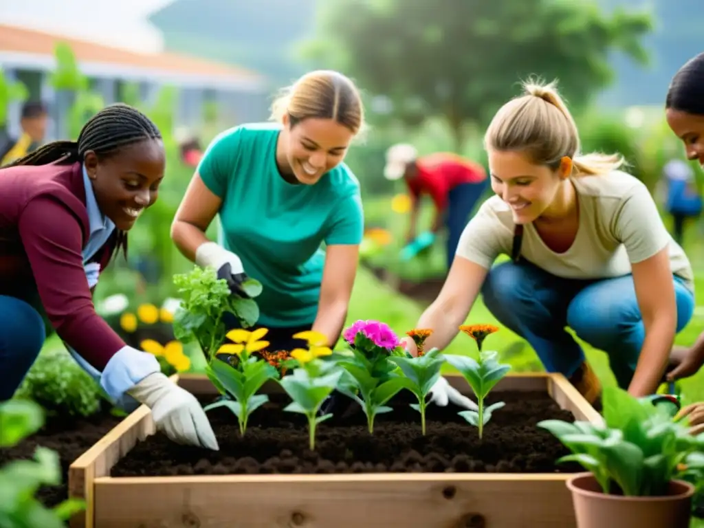 Voluntarios y comunidad construyen jardín sostenible en escuela, con niños jugando, reflejando estrategias para maximizar impacto ONG