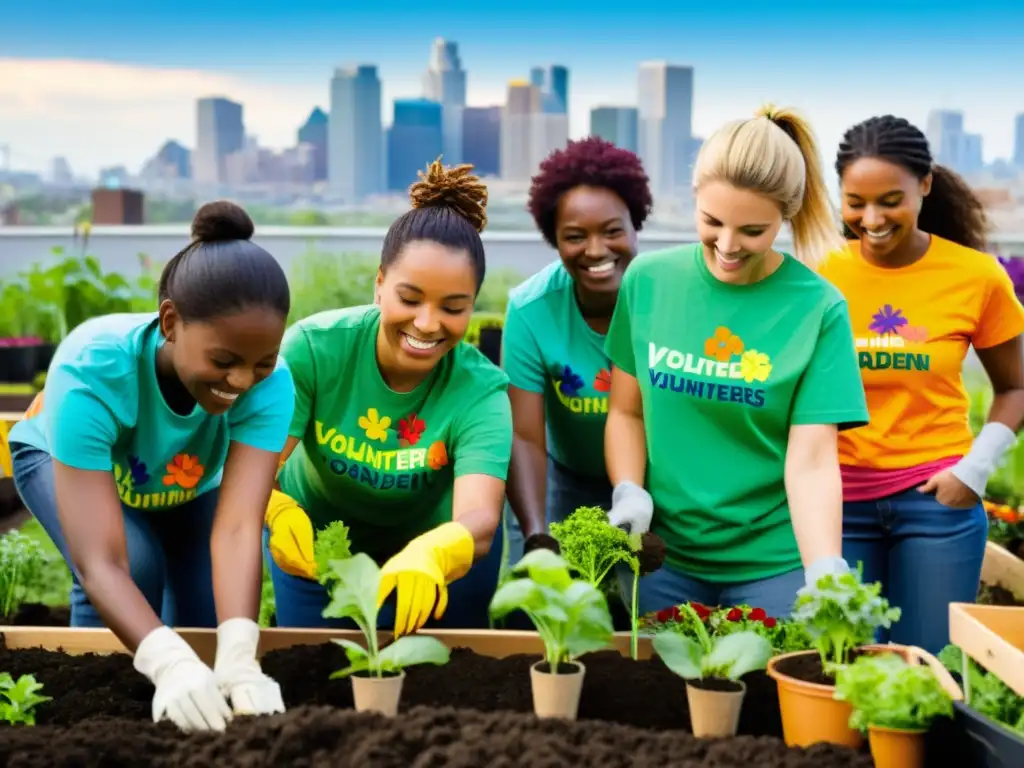 Voluntarios construyendo jardín comunitario en área urbana