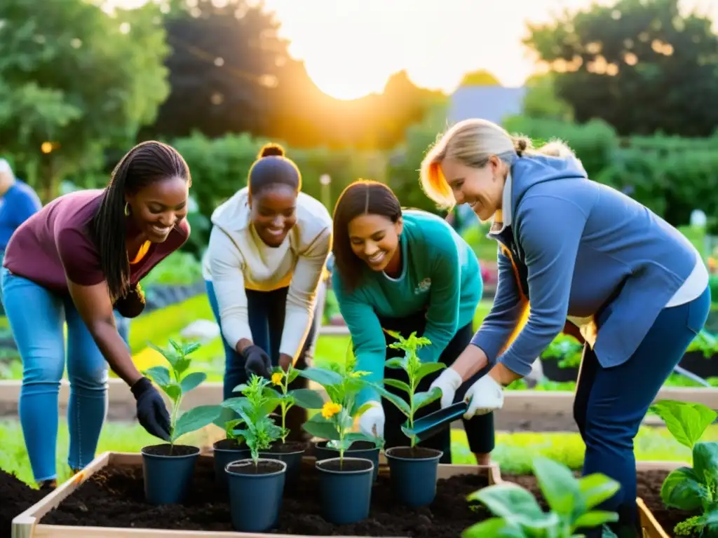 Voluntarios trabajando en un jardín comunitario al atardecer, mostrando la importancia del liderazgo en ONGs