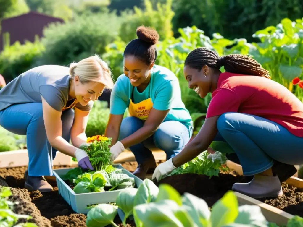 Voluntarios trabajando en un jardín comunitario, mostrando colaboración y positividad